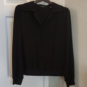 Elie Tahari Rib Trim Long Sleeve Collared Blouse Color Black Size L